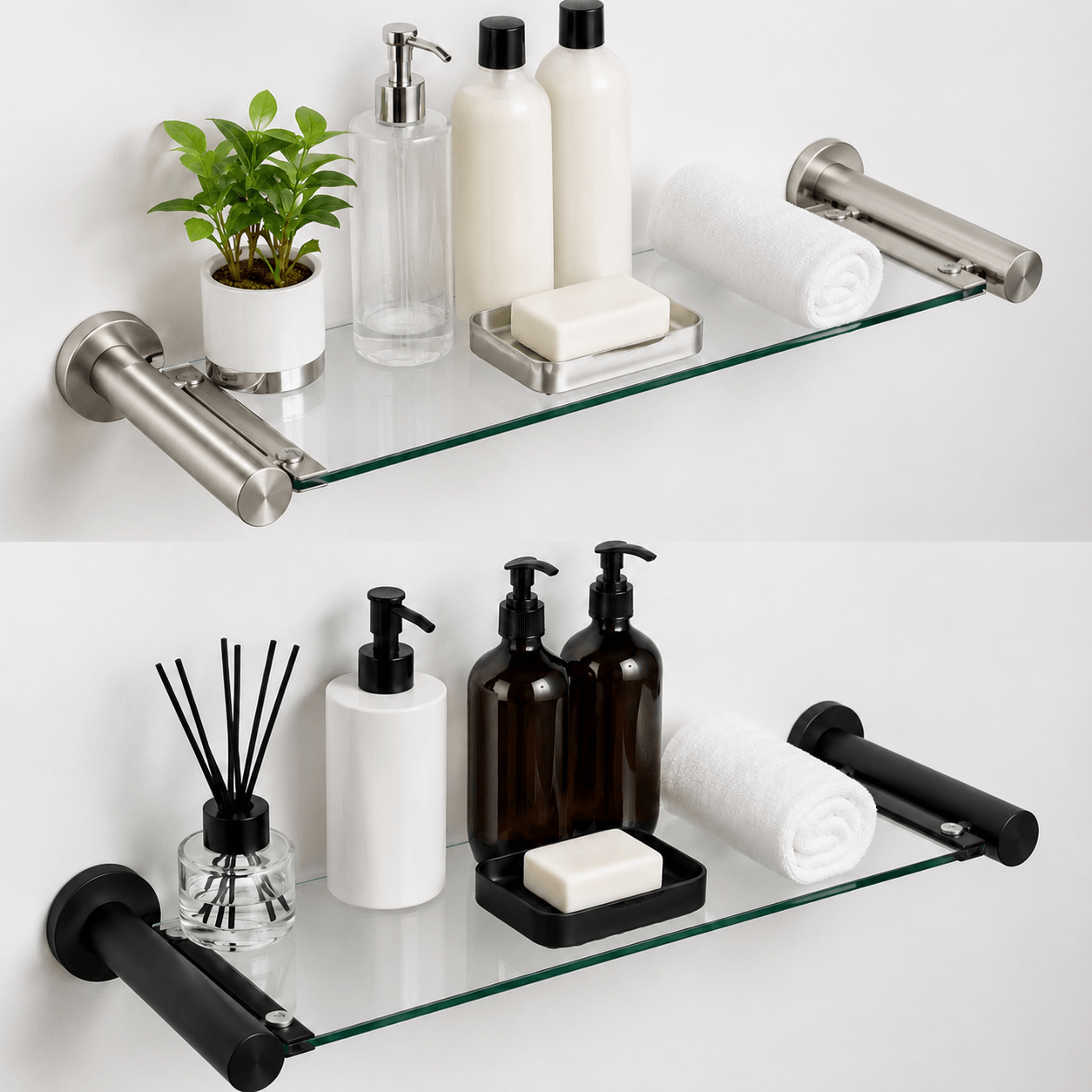 Glass shelves inside shower enclosure