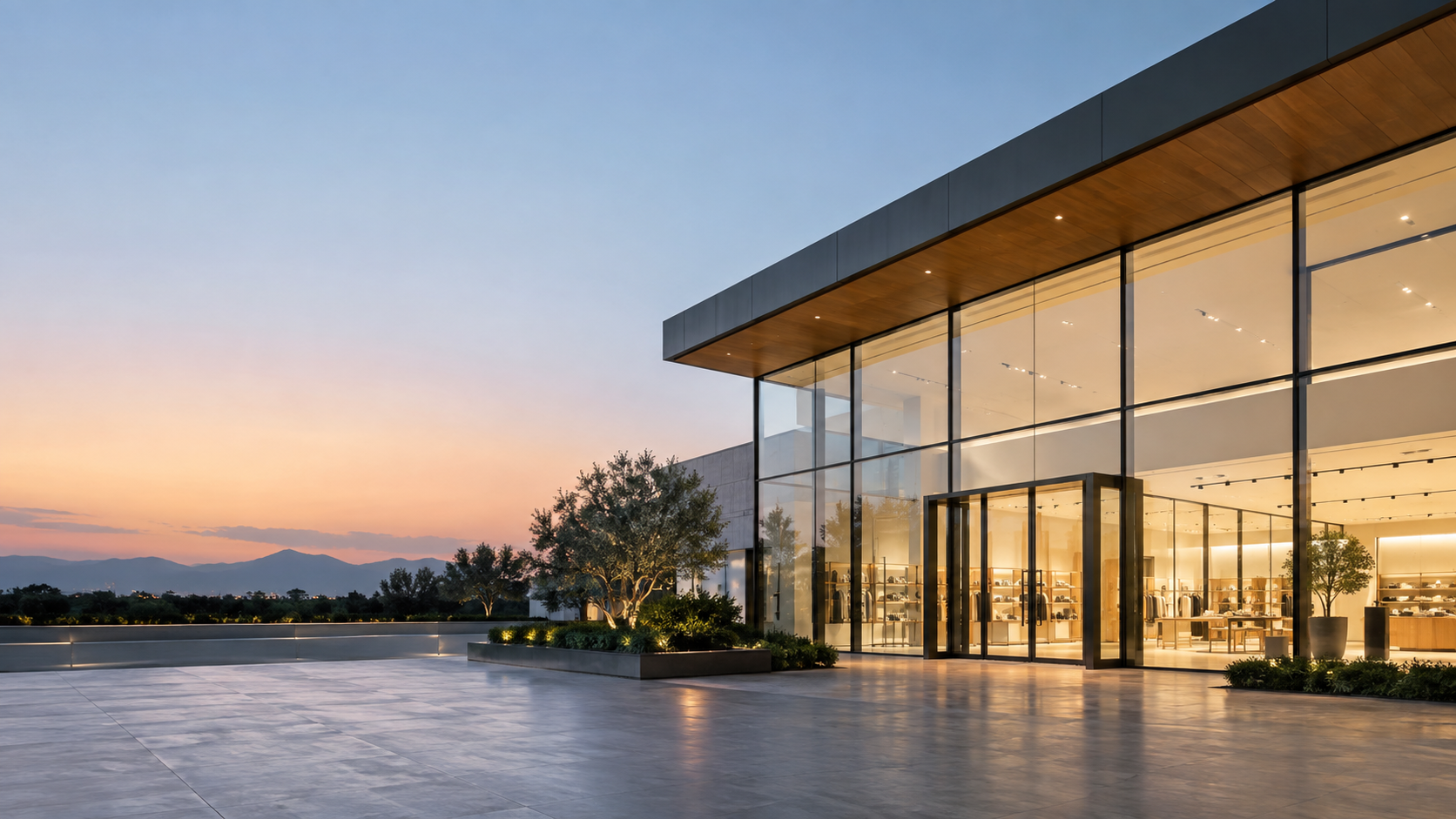 Curved glazed commercial facade at dusk