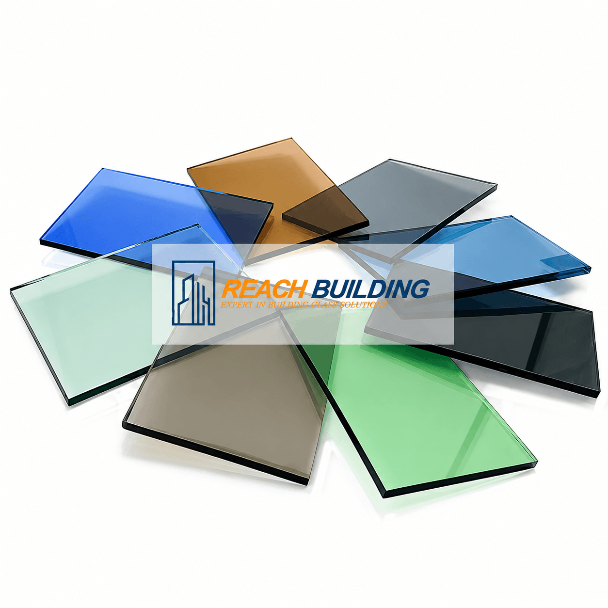 Ions Tinted Glass samples showing blue, grey, bronze and green tinted tempered glass panels