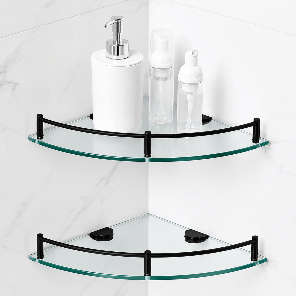 Frameless shower glass with shelf support