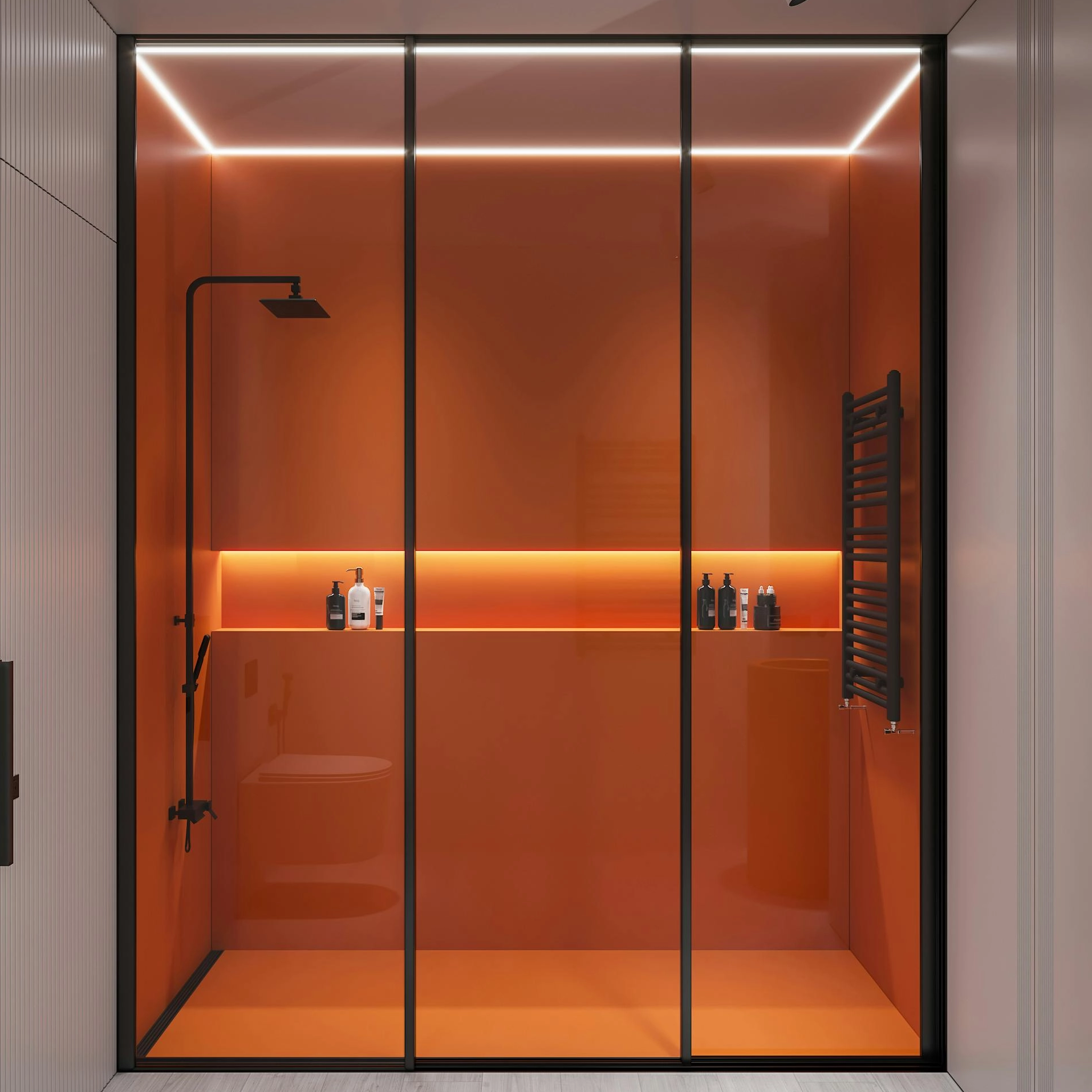 Tinted bathroom glass shower enclosure