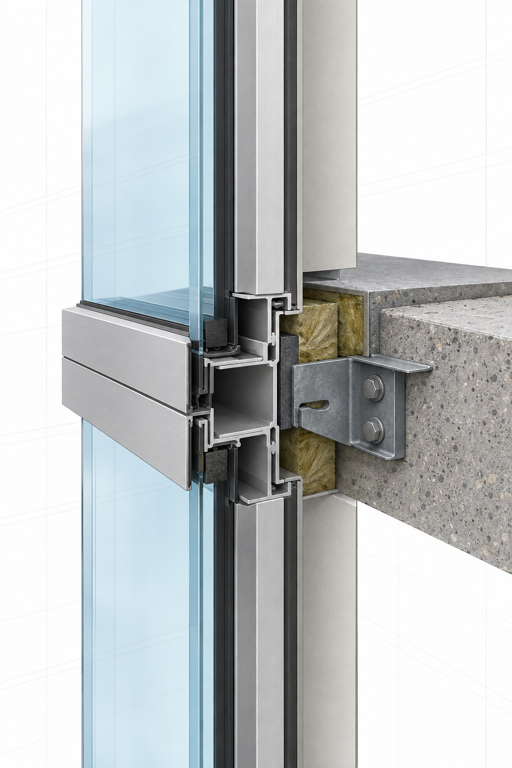Glass curtain wall technical detail showing glass, frame, bracket and fire stop