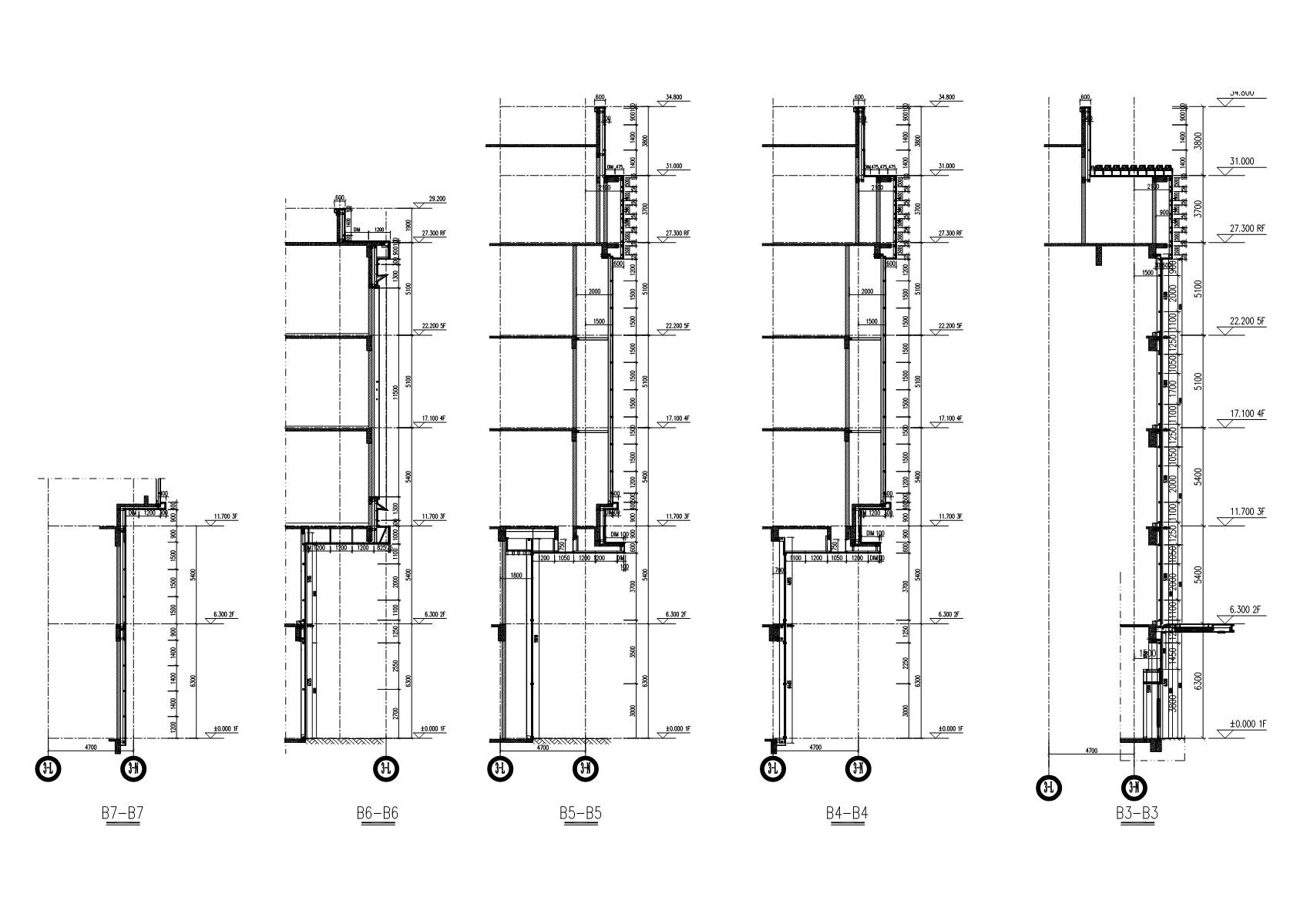 Zhongyin Plaza curtain wall section details B3 to B7 CAD drawing